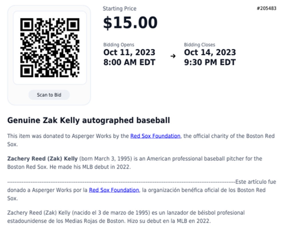 Zak Kelly signed baseball qr-code and description